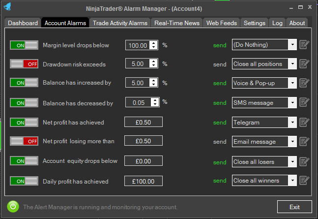 NinjaTrader Account Alarms and Alerts